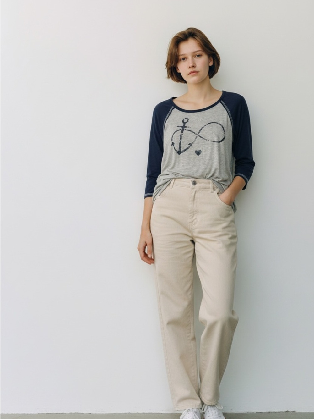 Living Doll Preppy Sailor Navy & Heather Gray Graphic Raglan Quarter Sleeve Tee